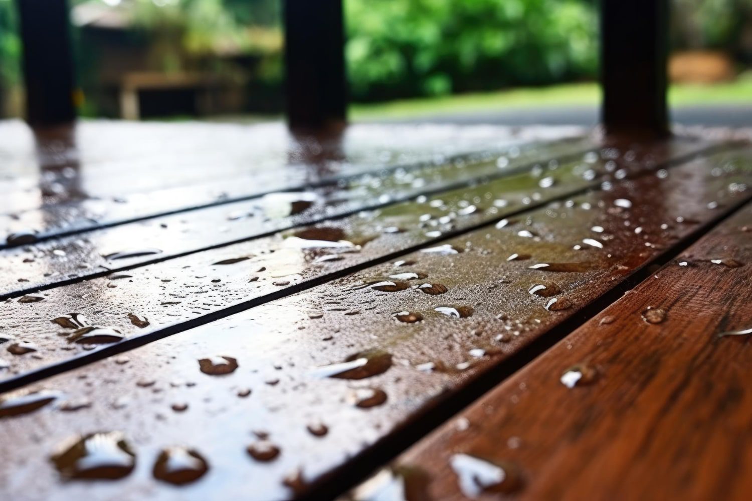 Rainwater beading on the surface of a freshly sealed dark wood deck.