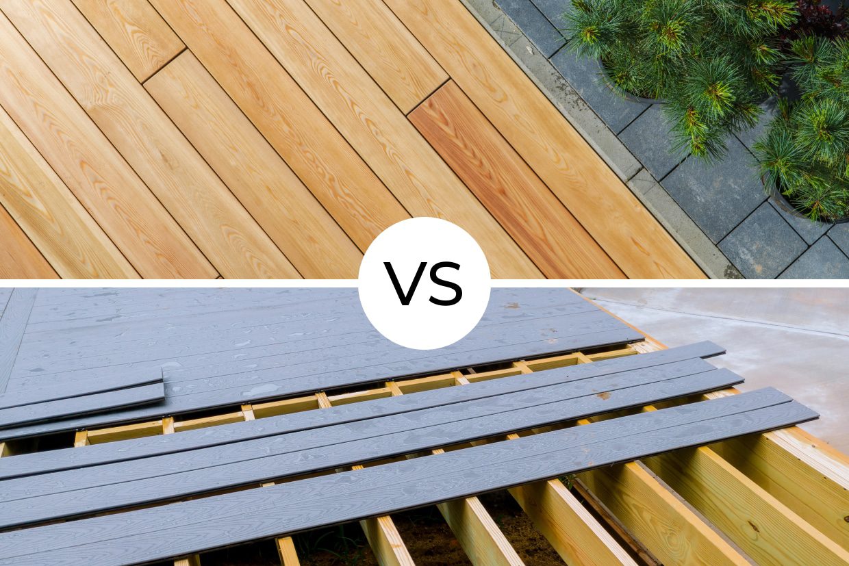 Split screen comparison showing diagonal natural wood decking on top versus gray composite decking boards on joists below.