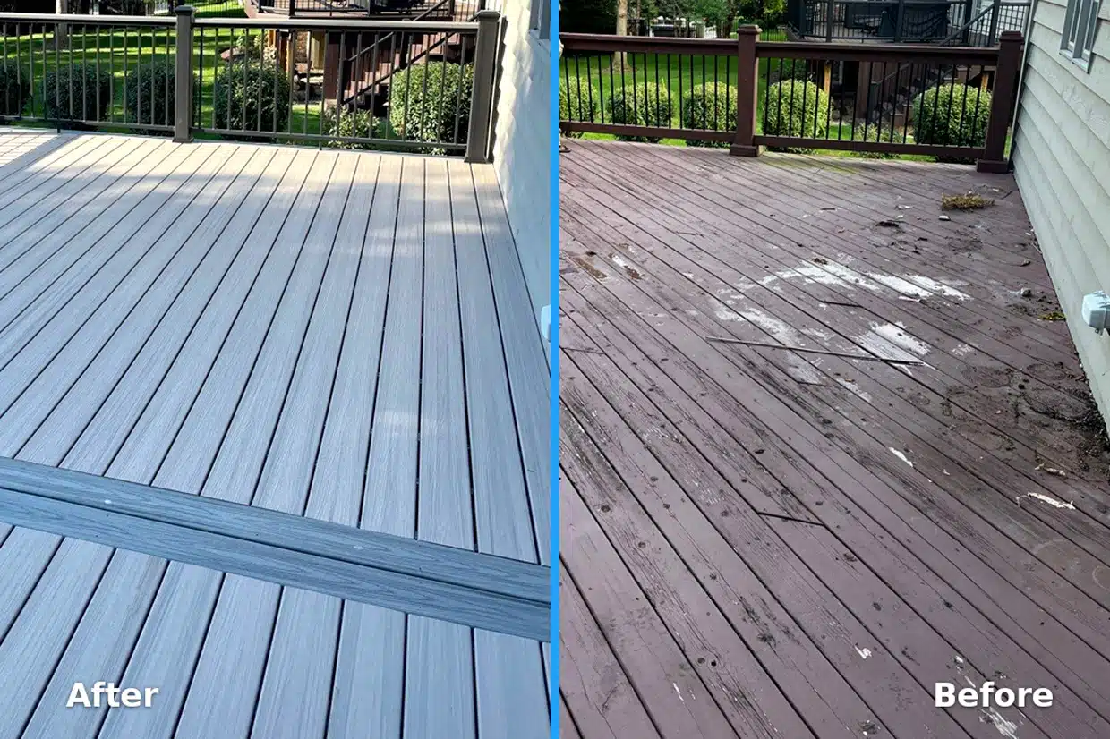Split comparison image showing a rotting painted wood deck on the right versus a sleek gray composite deck after resurfacing on the left.