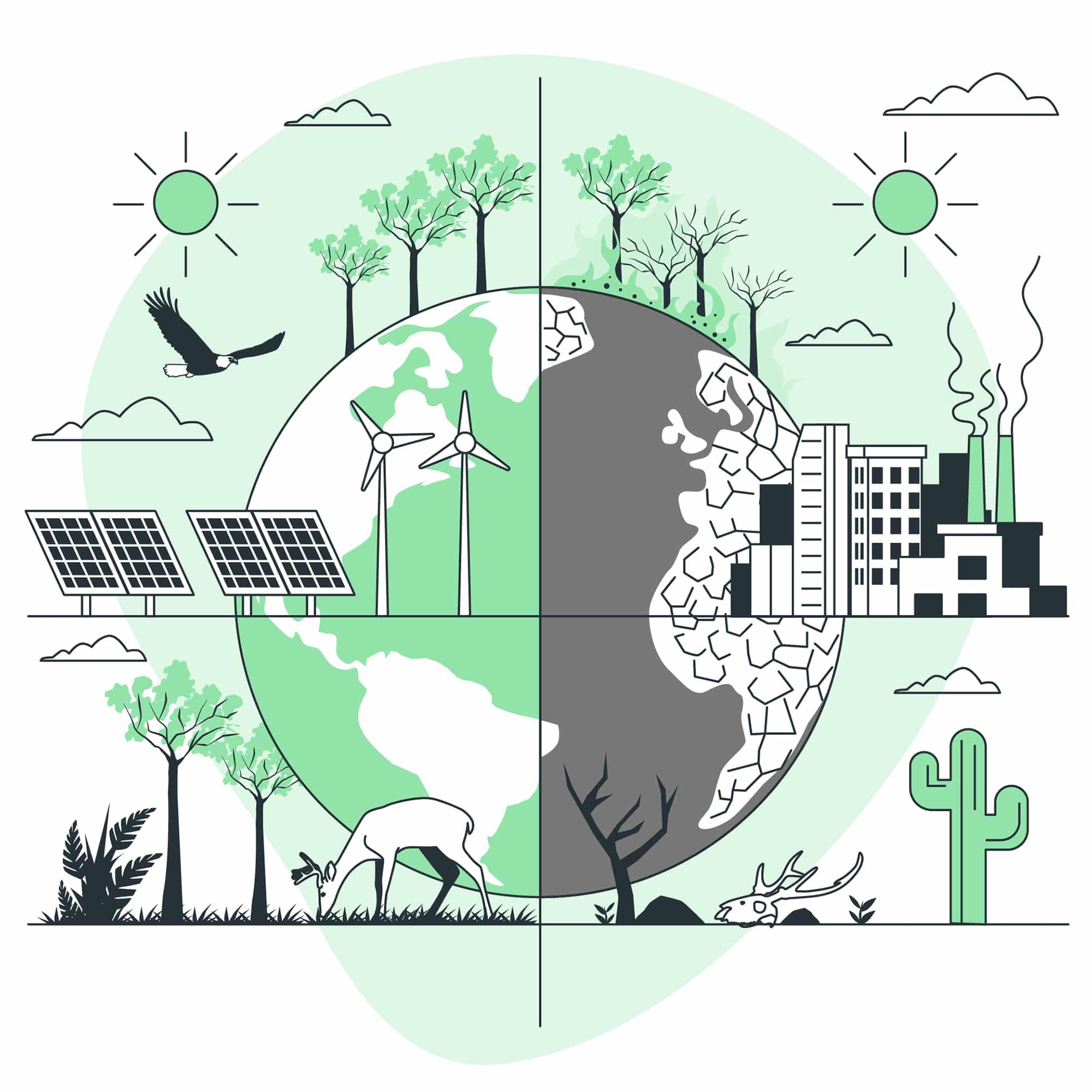 Vector illustration depicting global environmental zones, renewable energy, and weather patterns.