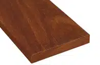 A sample of reddish-brown hardwood decking, likely Ipe or Mahogany, showing a smooth finish.