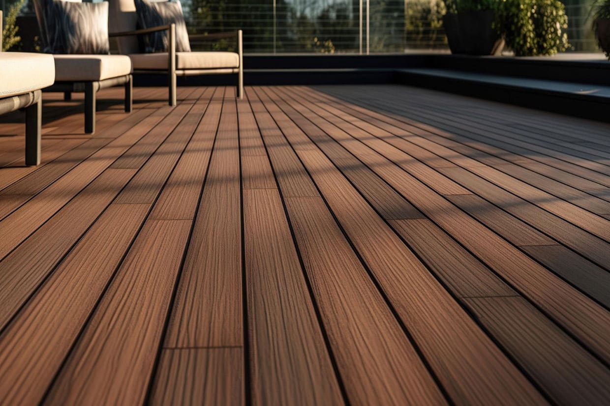 Spacious modern deck featuring brown composite decking boards and outdoor furniture in sunlight.