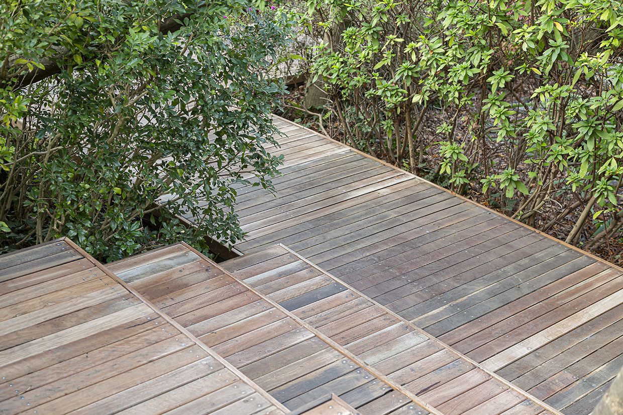 Weathered natural wood decking walkway winding through green bushes in a garden.