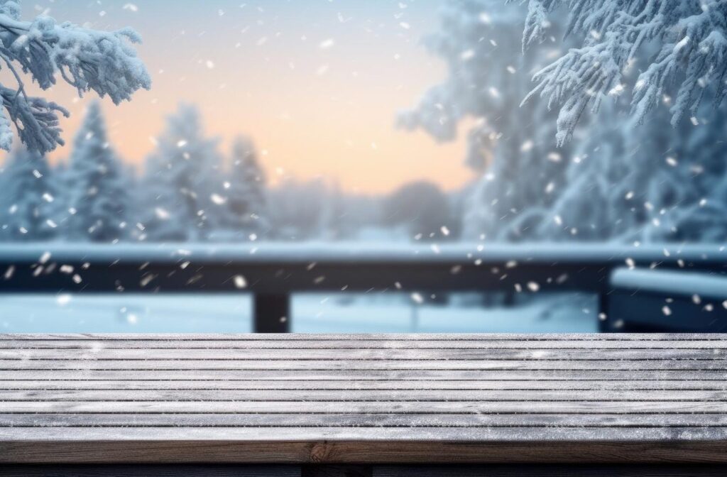 Wooden deck surface covered in frost with a snowy winter forest background.