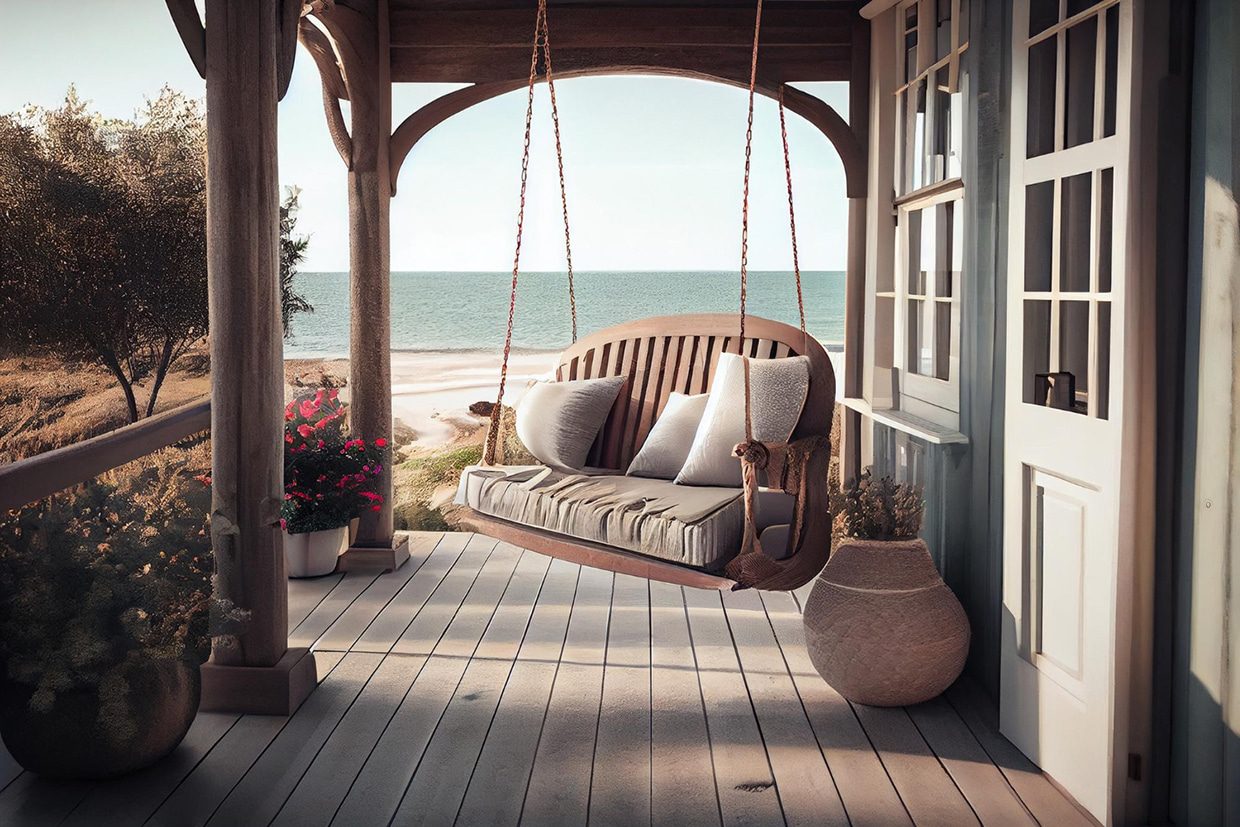 A rustic wooden porch swing hangs from sturdy beams overlooking a sandy beach, utilizing natural deck materials for outdoor landscaping.