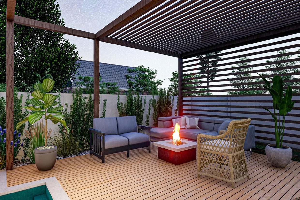 A cozy covered deck area with a modern pergola, privacy screen, sectional sofa, and fire table.