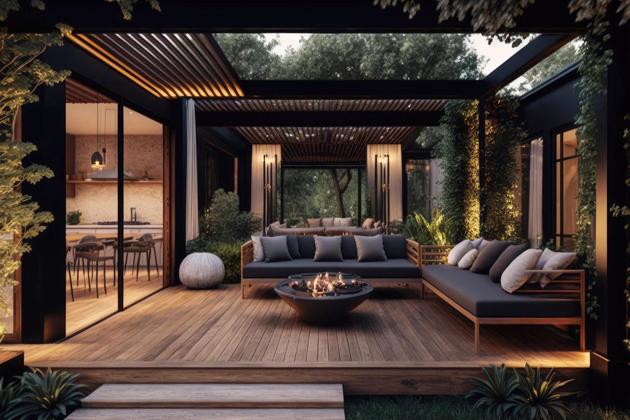 A luxurious dark wood deck with ambient lighting, a pergola, and a fire bowl, illustrating the high-end features found in top 10 custom deck designs.