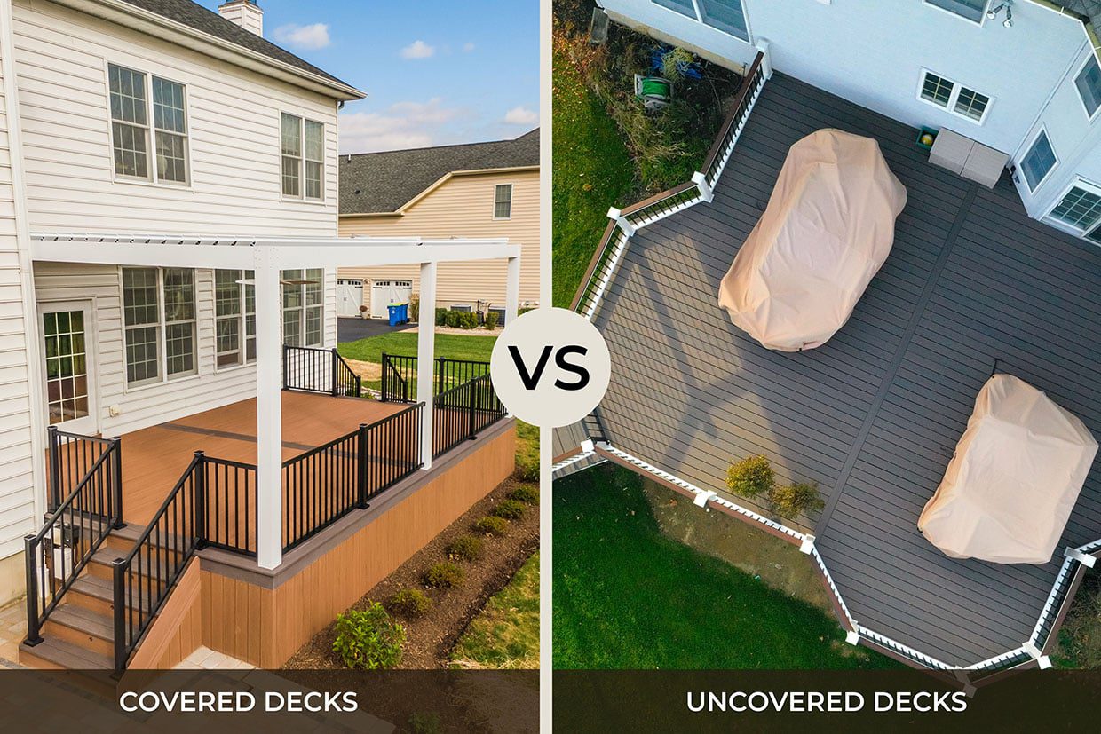 Split-screen comparison showing a covered composite deck with a white pergola structure on the left versus an aerial view of an open, uncovered deck on the right.