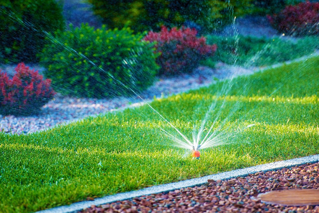 Active lawn sprinkler watering grass near a gravel border, illustrating deck automation and smart home integration for effortless outdoor maintenance.