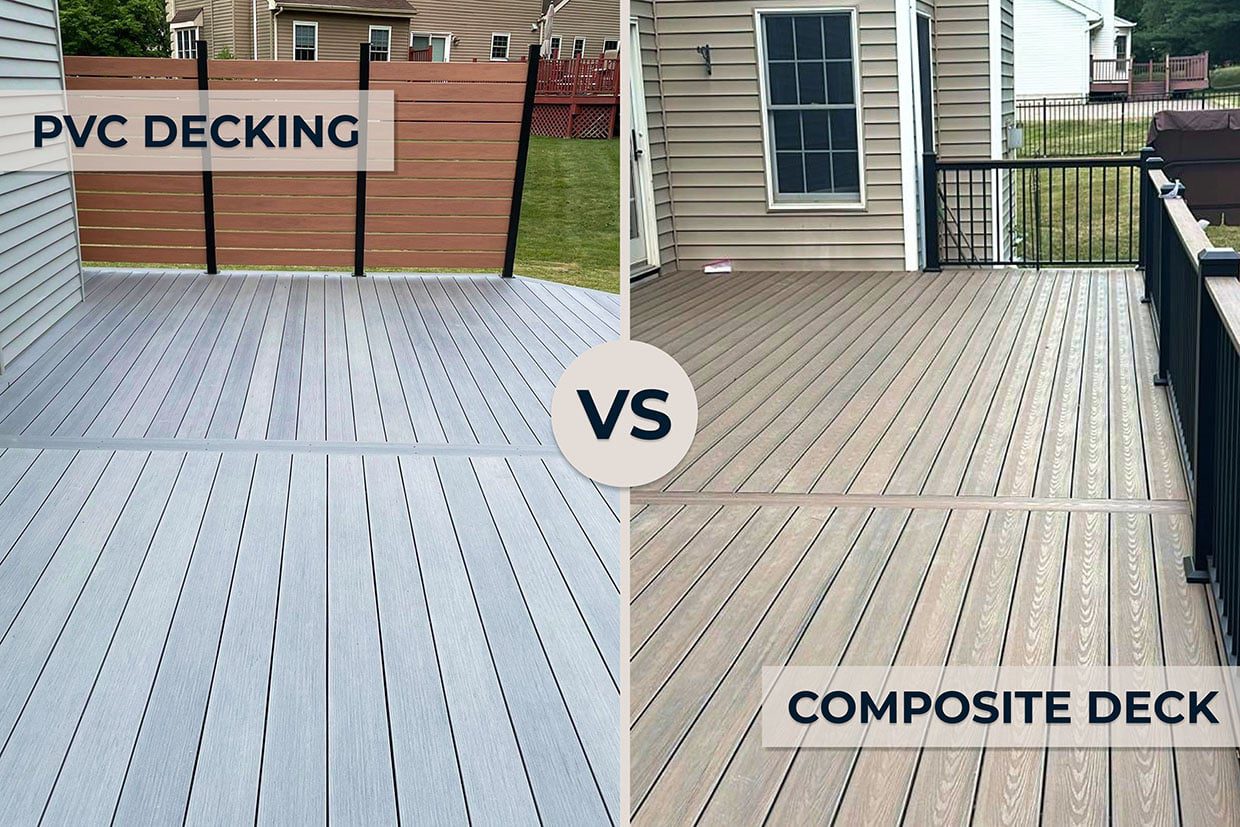 Split image showing a gray PVC deck with a privacy wall on the left and a tan composite deck with diagonal planking on the right.