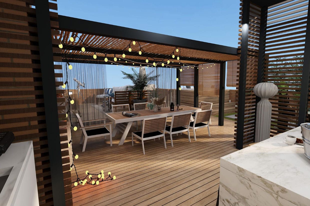 Modern pergola deck design featuring a dining table under hanging outdoor string lights and white curtains.