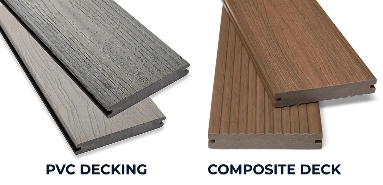 Close-up comparison of gray PVC decking boards versus brown composite deck boards showing core differences for pvc vs composite analysis.