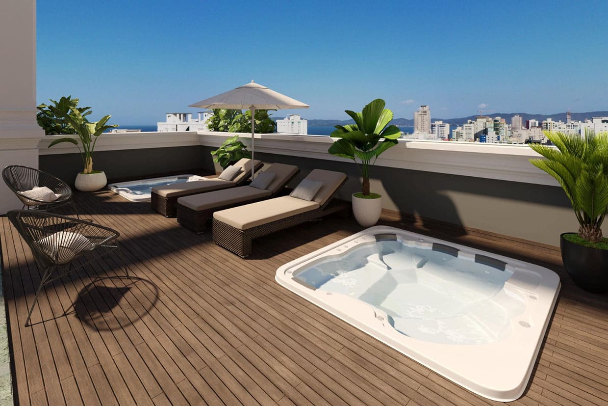 Modern rooftop terrace featuring a flush-mounted deck hot tub design with lounge chairs and scenic city views.