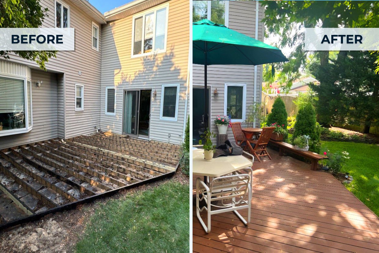 A split-screen comparison showing bare deck framing on the left and a furnished, completed wood deck on the right.