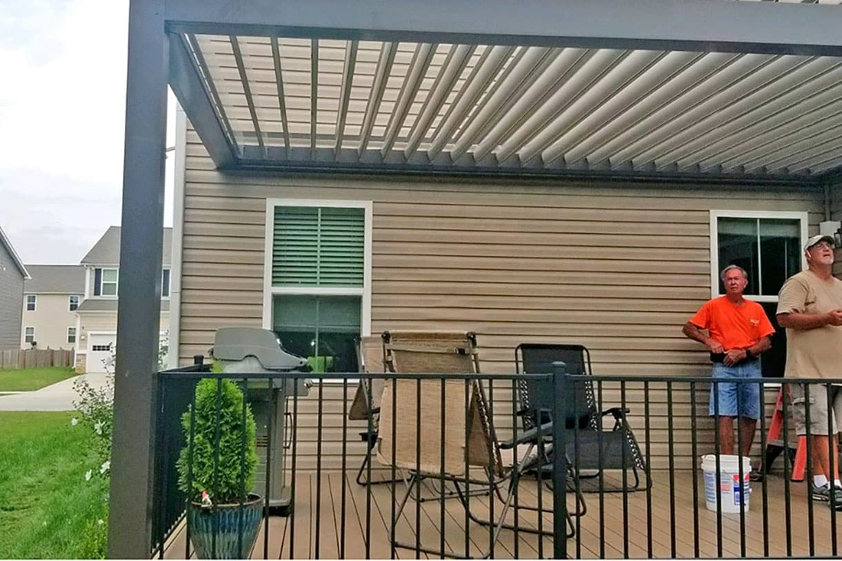 Louvered Roof Systems Seattle installation provides optimal sun control for an outdoor patio space.