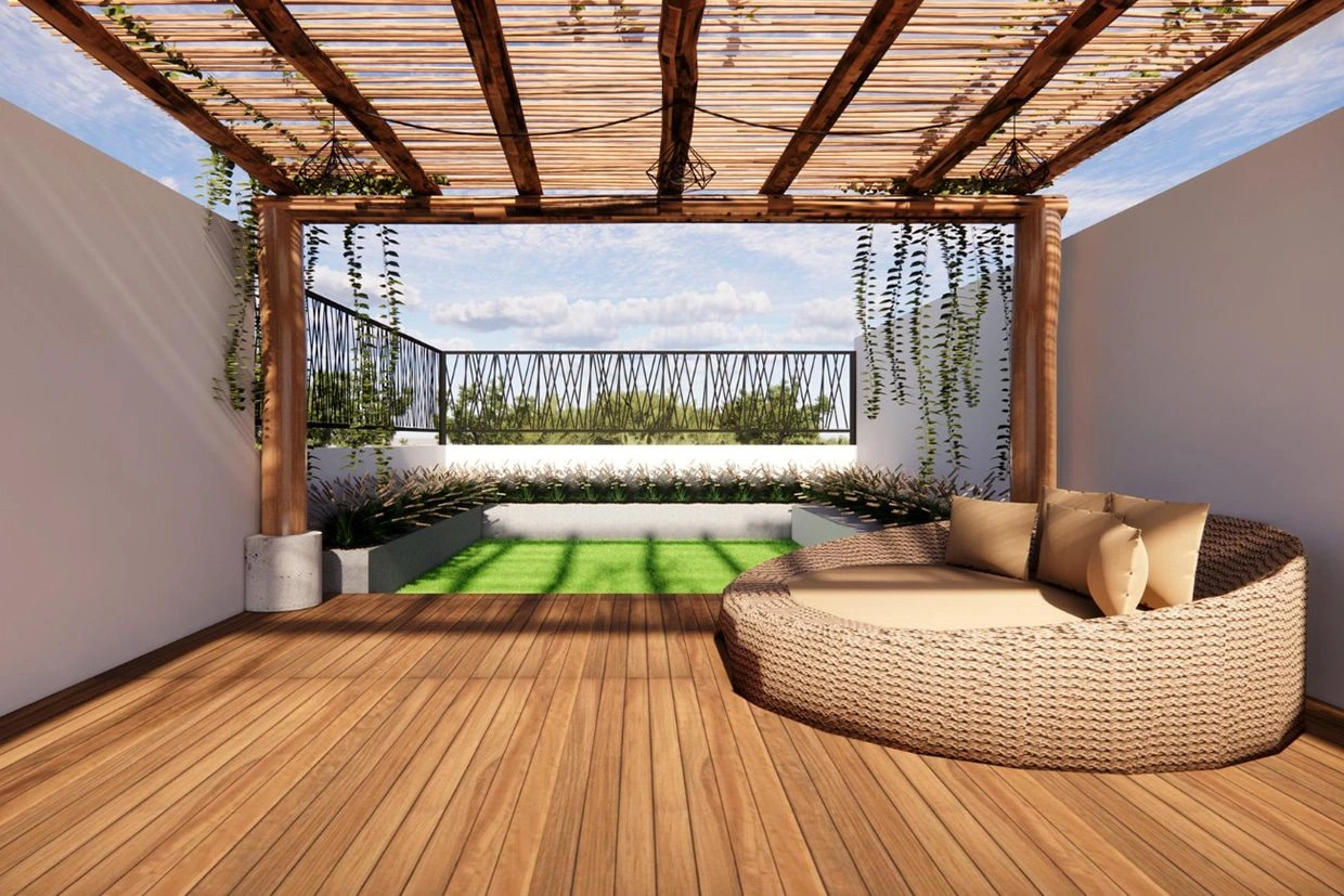 A beautiful rooftop deck featuring composite wood flooring and stylish black railings, ideal to Replace Deck Railings with a modern look.