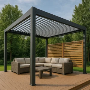 Modern aluminum pergola with louvered roof and privacy screens