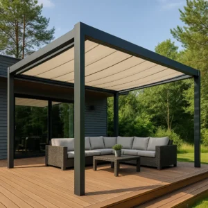 Modern aluminum pergola with retractable canopy over outdoor sofa set
