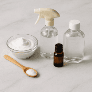 Natural deck cleaning solutions on a countertop, including baking soda paste in a glass bowl, a spray bottle with diluted tea tree oil, a dark essential oil bottle, and a clear bottle of hydrogen peroxide with a white cap.