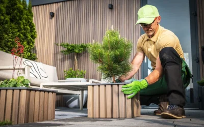 A gardener adding a tree to a planter in a minimalist zen deck design, surrounded by modern outdoor furniture and clean lines.