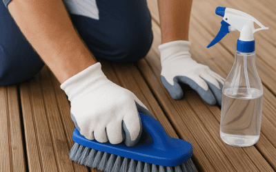 Person trying to remove mold & cleaning a composite deck with a blue-handled scrub brush, wearing white gloves and navy workwear, with a clear spray bottle nearby and faint mold patches visible under the brush.