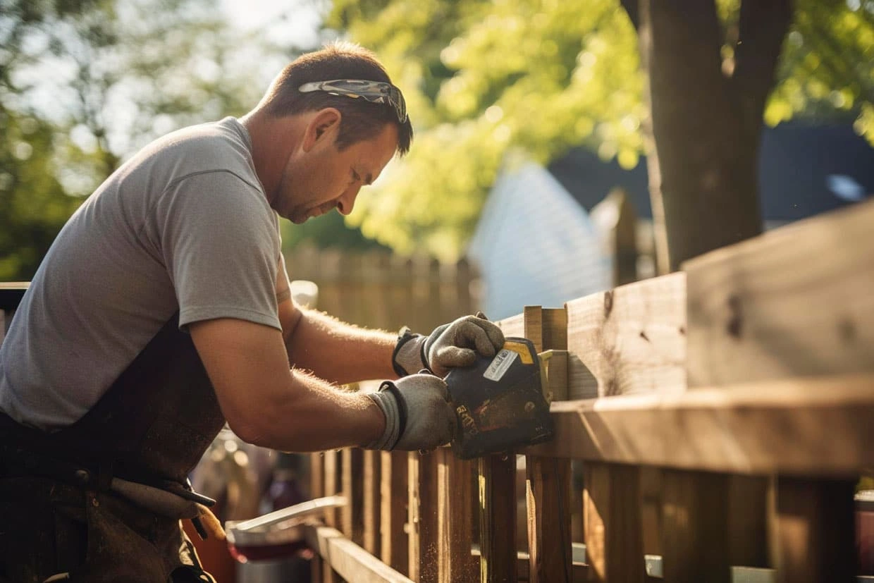 Seattle deck resurfacing with a contractor sanding a wooden rail in sunlight to create a smooth, hazard-free surface.
