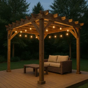Rustic timber pergola with string lights over outdoor sofa at night