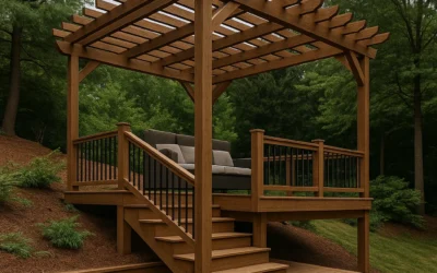 Elevated wooden pergola with stairs and outdoor sofa on a composite deck in Seattle