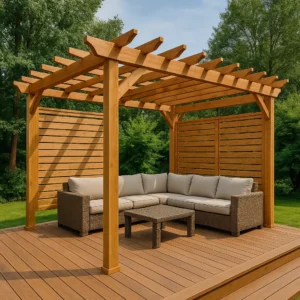 Light wood pergola with privacy screen and sectional seating on a deck