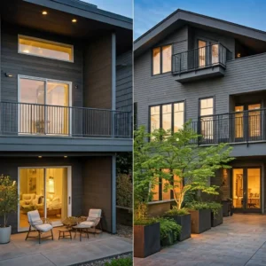 Modern Seattle homes showcasing balcony vs veranda design styles at sunset