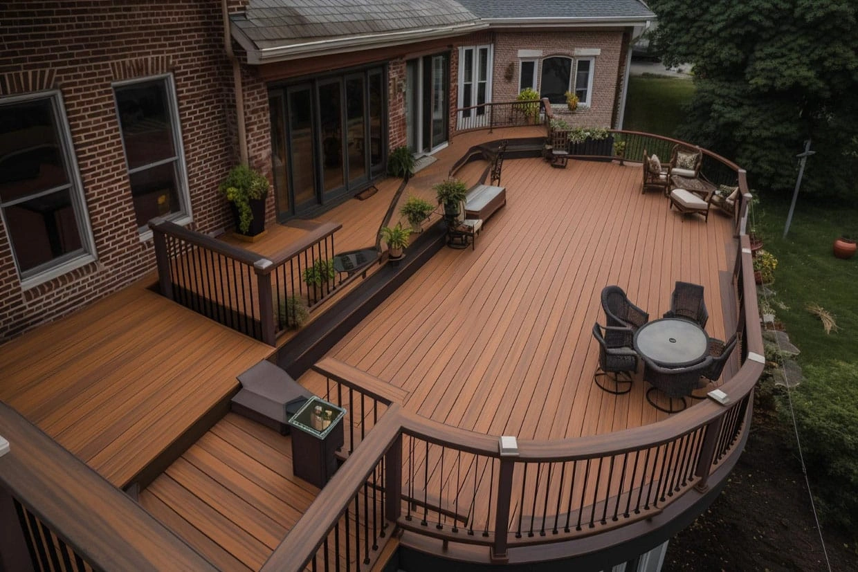 A beautiful multi-level pet deck featuring warm brown composite decking, curved railing, and multiple seating zones next to a brick house.