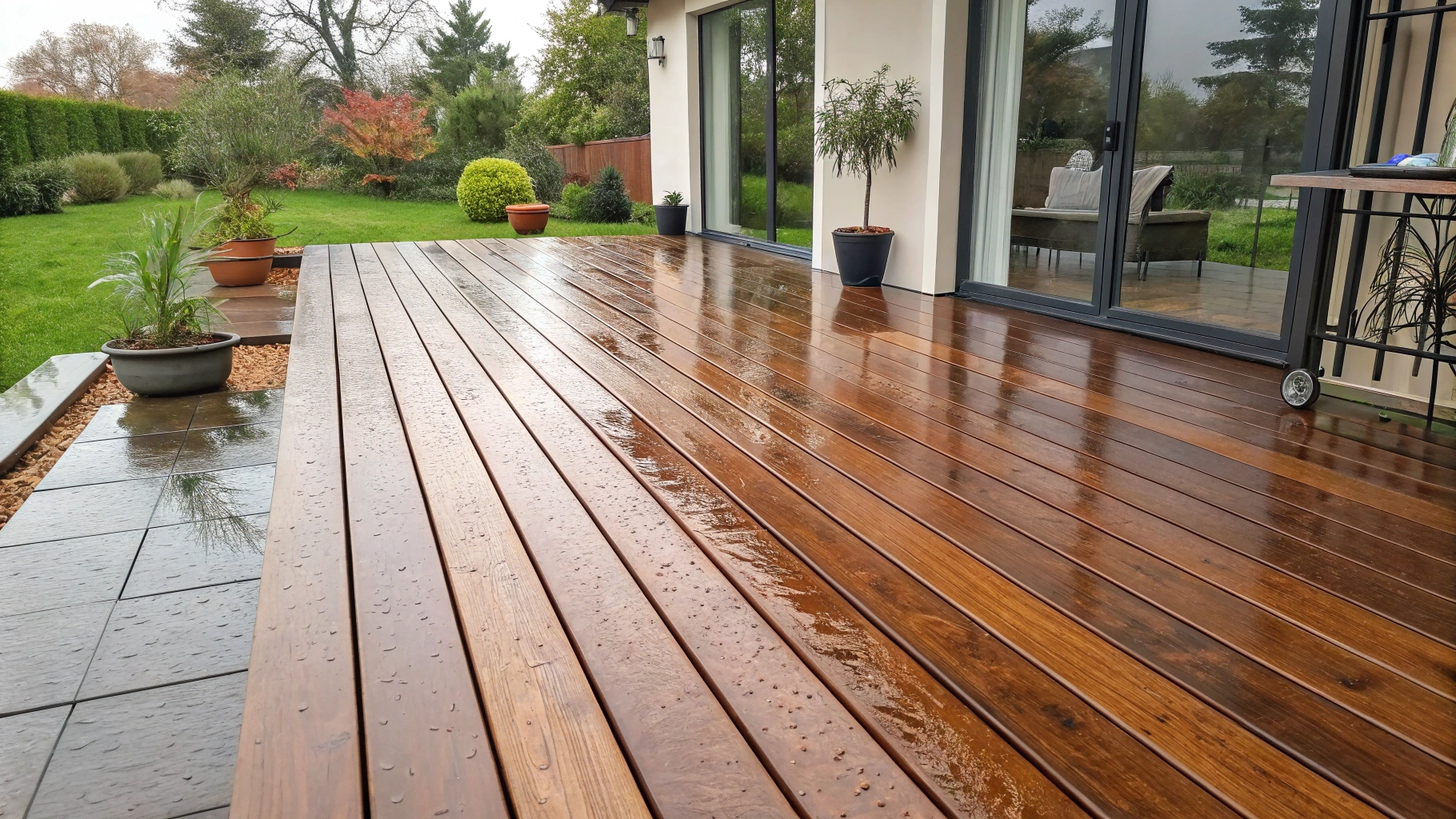 A wooden deck treated with waterproofing, showing droplets of rain and reflecting light after a recent rain shower.