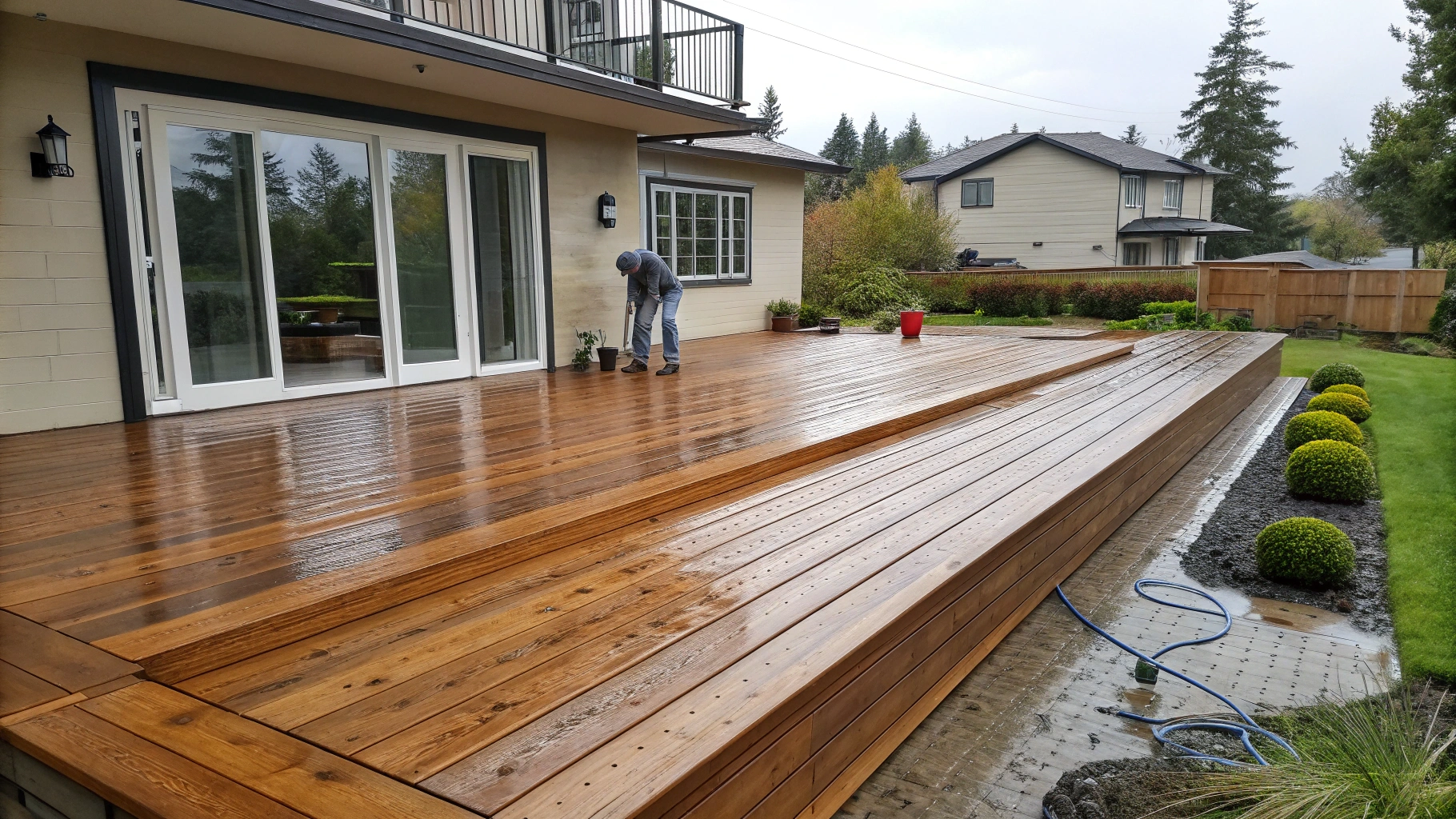 A wooden deck treated with waterproofing, showcasing a well-maintained outdoor space.