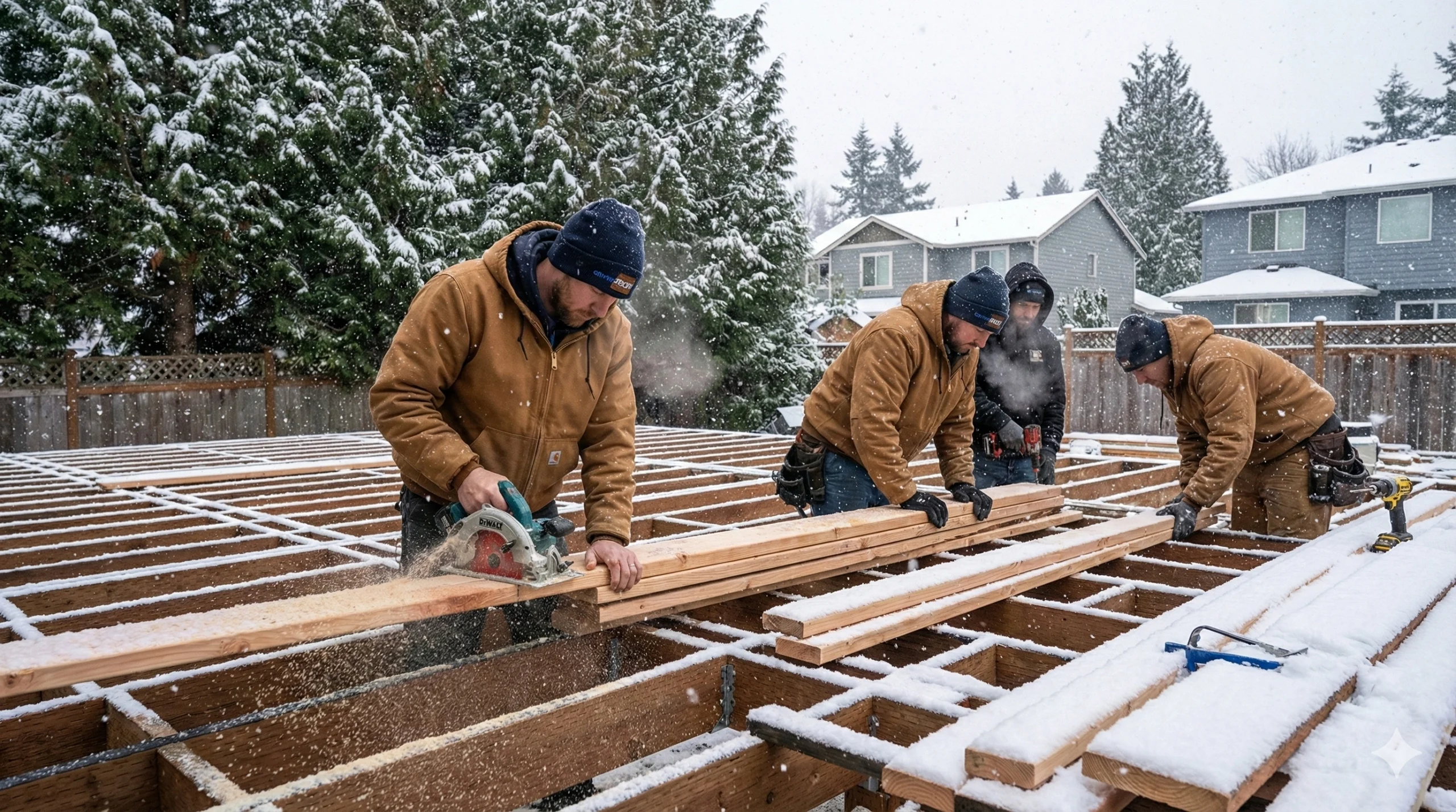A crew of contractors cutting pressure-treated lumber with a circular saw to frame a deck during a heavy snowstorm.