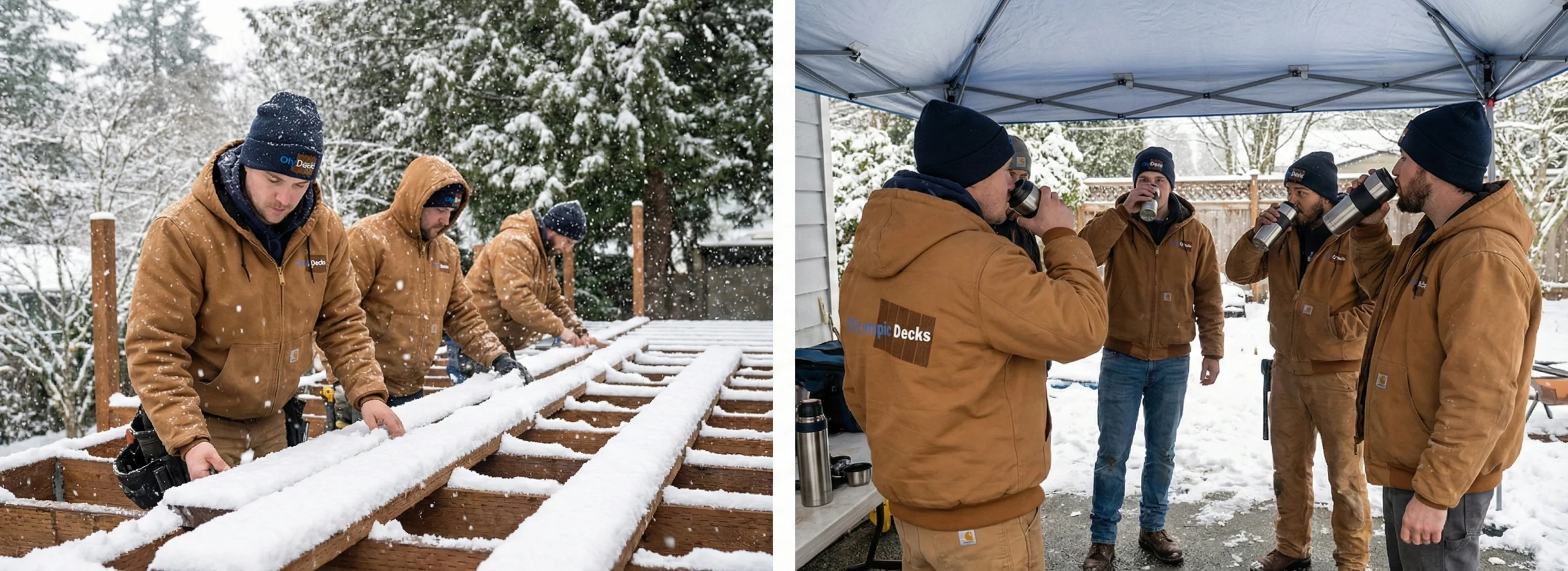 A split-view image showing deck contractors installing snow-covered wooden joists on the left, and the same crew taking a coffee break under a canopy tent on the right.
