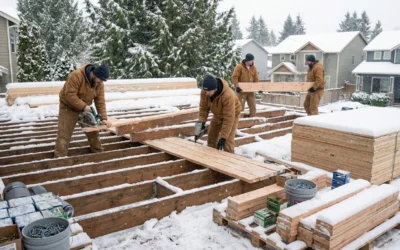 Four contractors in winter gear are building a wooden deck frame during a snowfall, cutting and installing pressure-treated lumber planks on a snow-covered site.