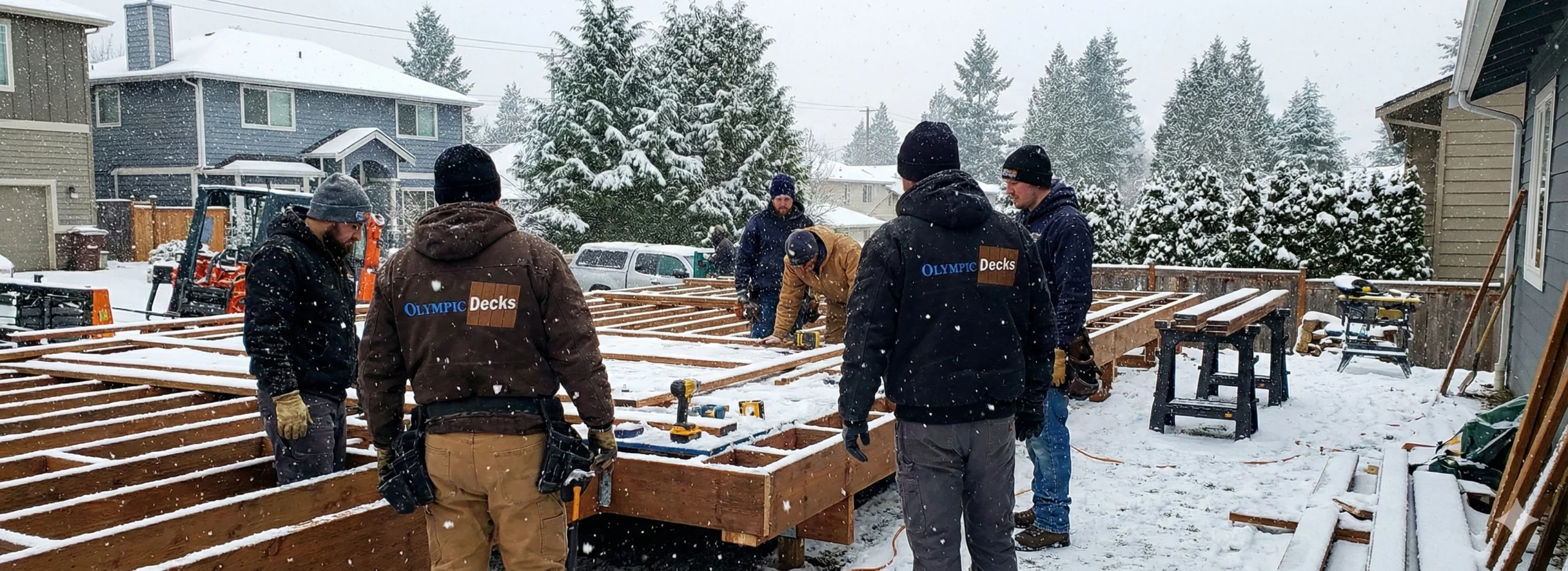 A team of contractors from Olympic Decks framing a wooden deck substructure while it snows in a residential backyard.
