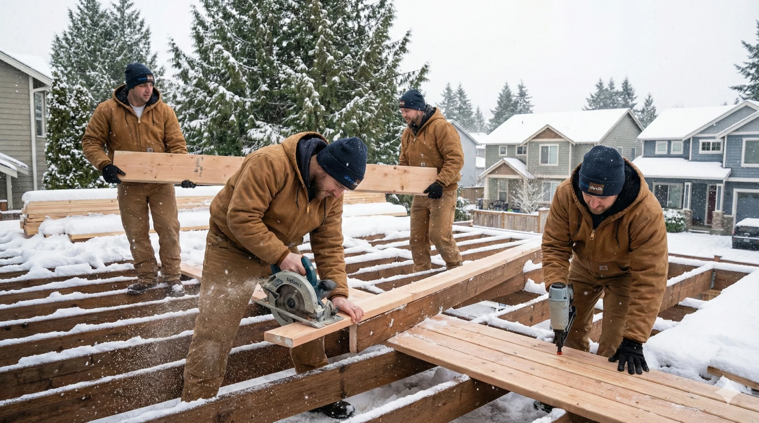 Four construction workers wearing insulated jackets and winter hats are actively cutting, carrying, and nailing pressure-treated wood planks onto a deck frame during snowfall.