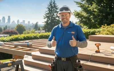 Professional best deck contractor in Bellevue giving a double thumbs up in front of a deck construction site with tools visible and the Seattle skyline background.