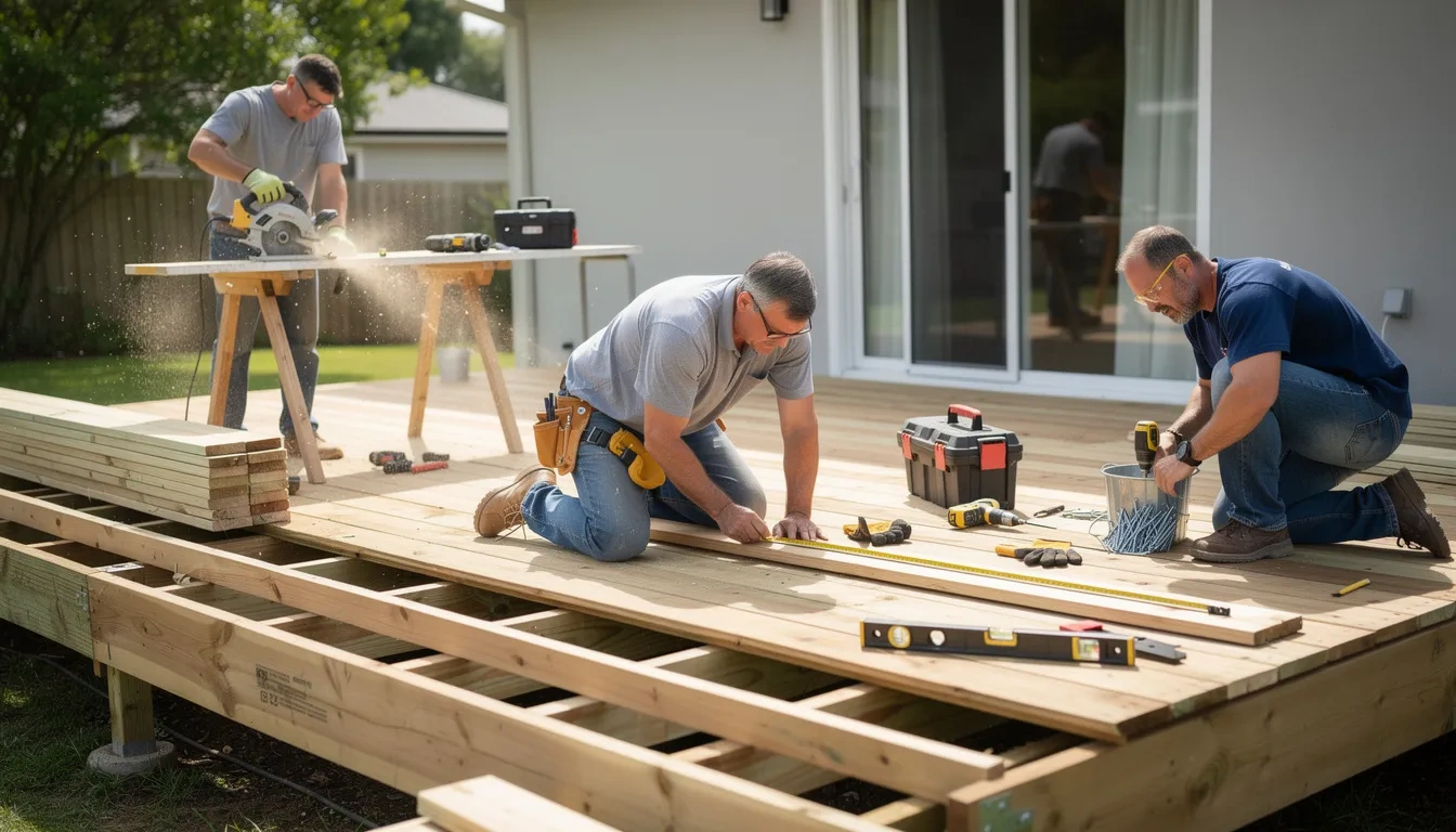 Three professional deck contractor in Bellevue team members working on the installation of decking boards over the wooden frame, illustrating the construction process.