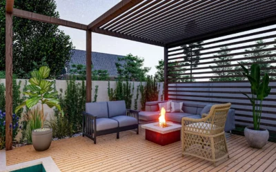 Nighttime view of a contemporary deck with a slatted pergola, outdoor furniture, plants, a square fire pit, and a privacy screen where to find reliable reviews about deck companies.