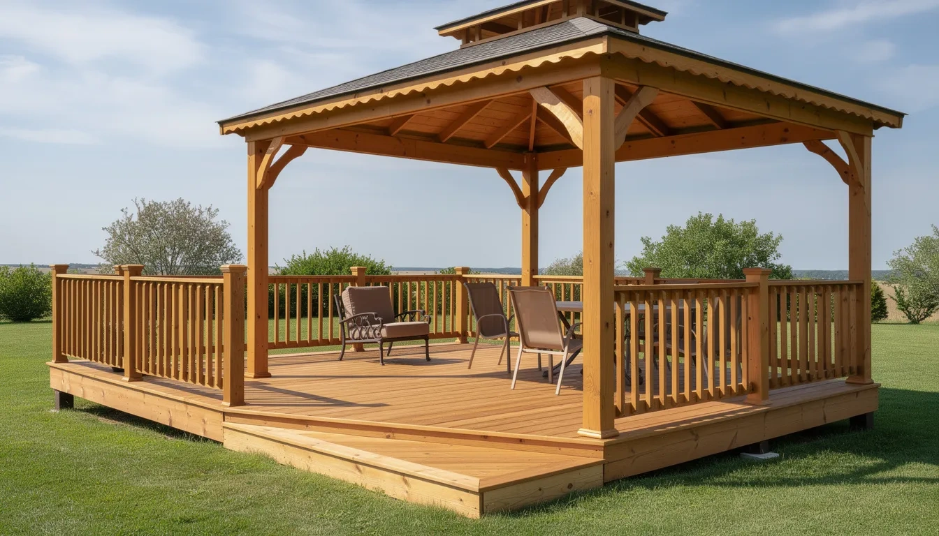 Elevated cedar structure featuring a cohesive gazebo deck transition with matching railings and consistent wood tones.