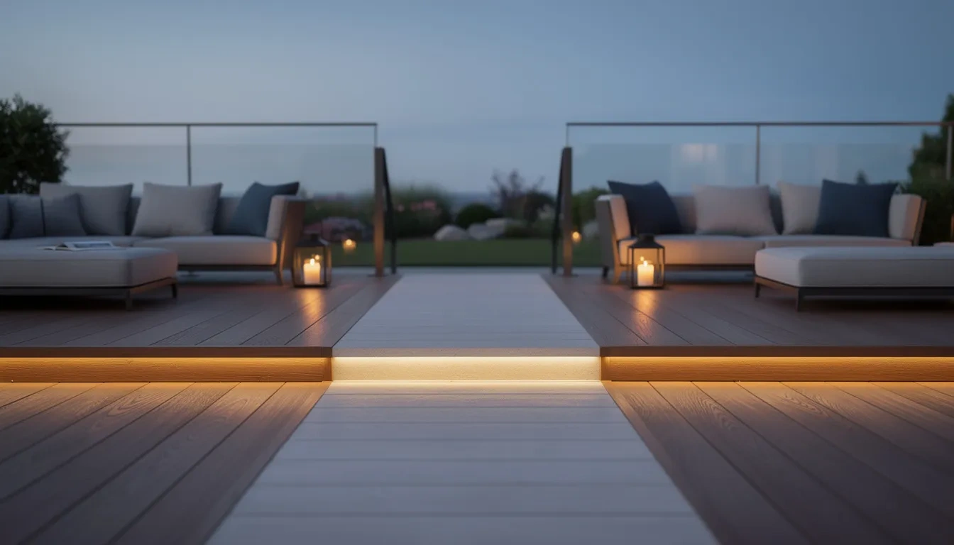 Warm LED strip lights glowing under a step riser at a modern gazebo deck transition during twilight.