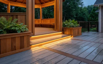 Raindrops splashing on wet wooden boards highlighting critical drainage needs at a gazebo deck transition.