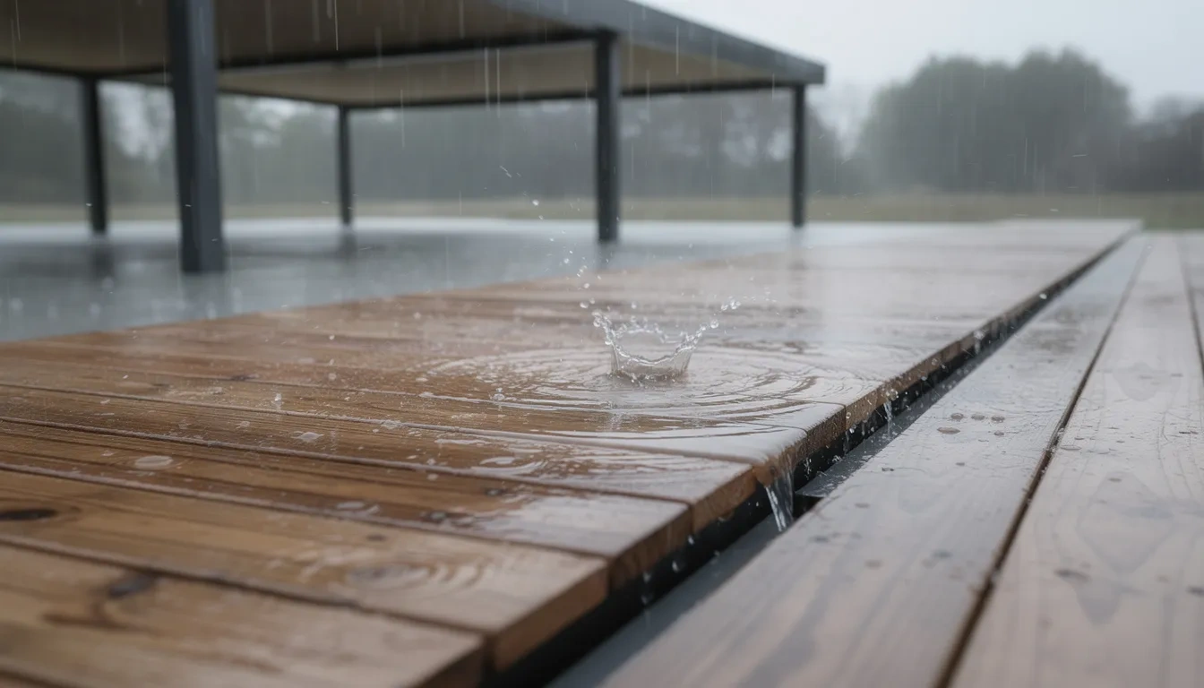 Raindrops splashing on wet wooden planks during a storm at an exposed gazebo deck transition.