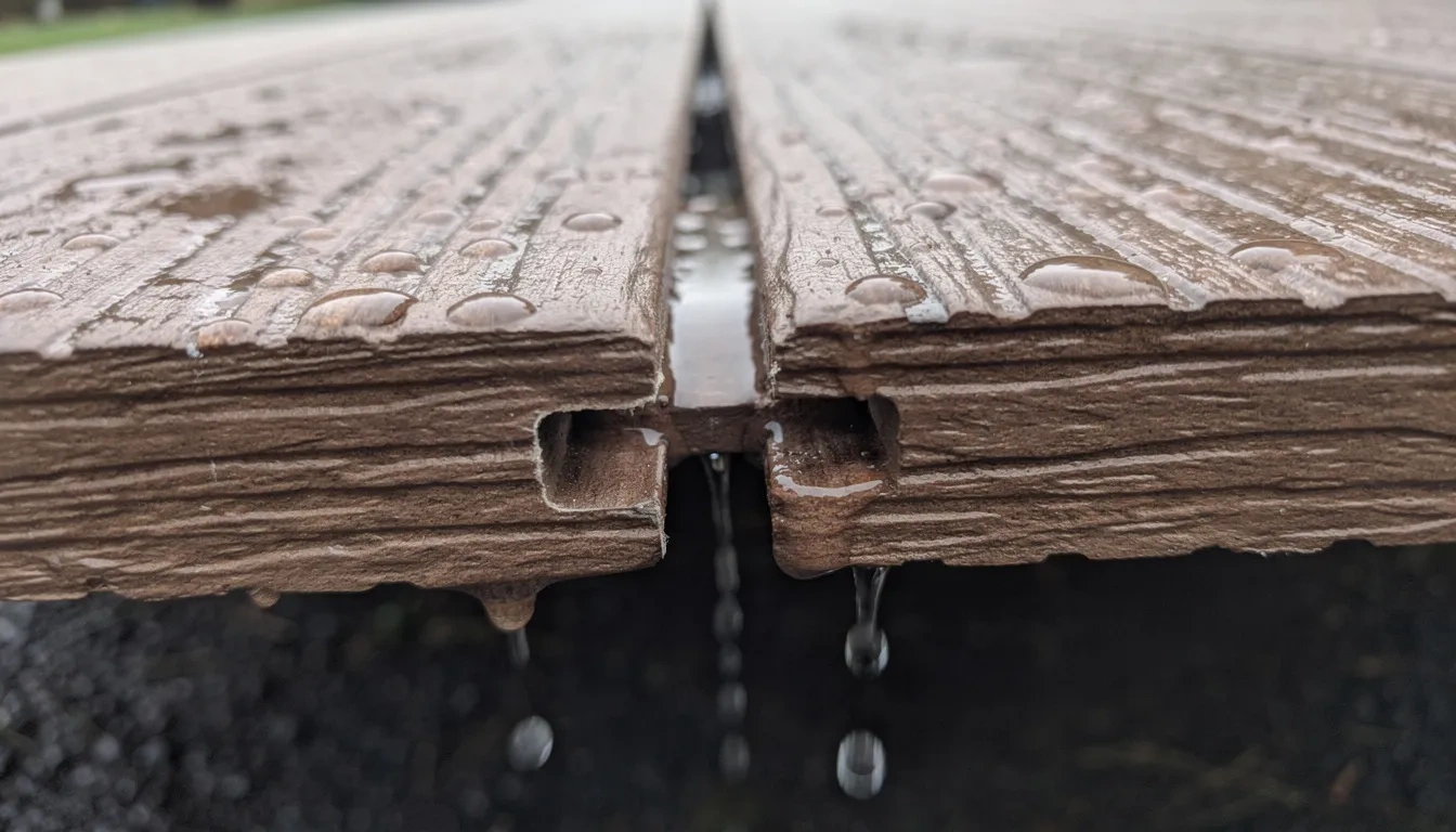Water dripping through the gap between brown composite deck boards on a rain ready gazebo.