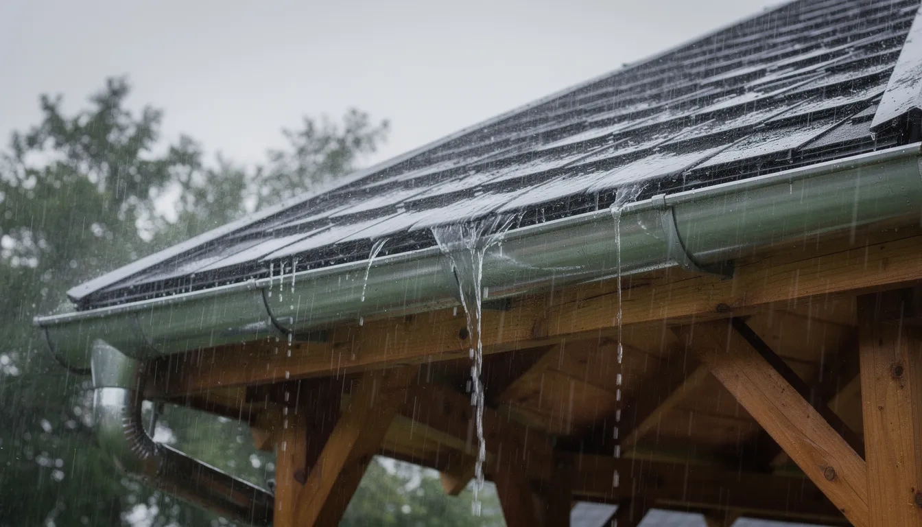 Water overflowing from the metal gutter of a wooden rain ready gazebo during heavy rain.