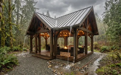 Split view showing gutter runoff and composite decking gaps on a properly engineered rain ready gazebo.