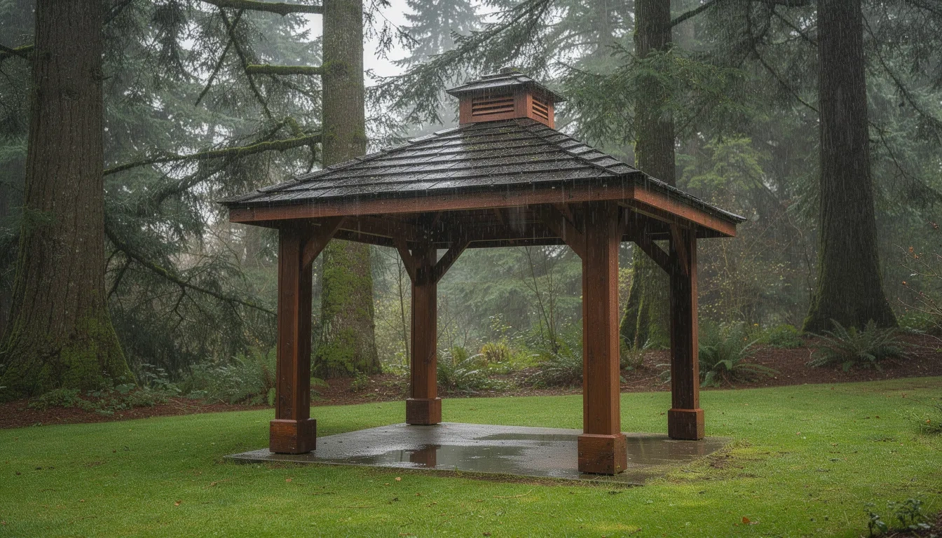 Timber frame rain ready gazebo with a shingled roof and cupola enduring a wet day in a green forest.