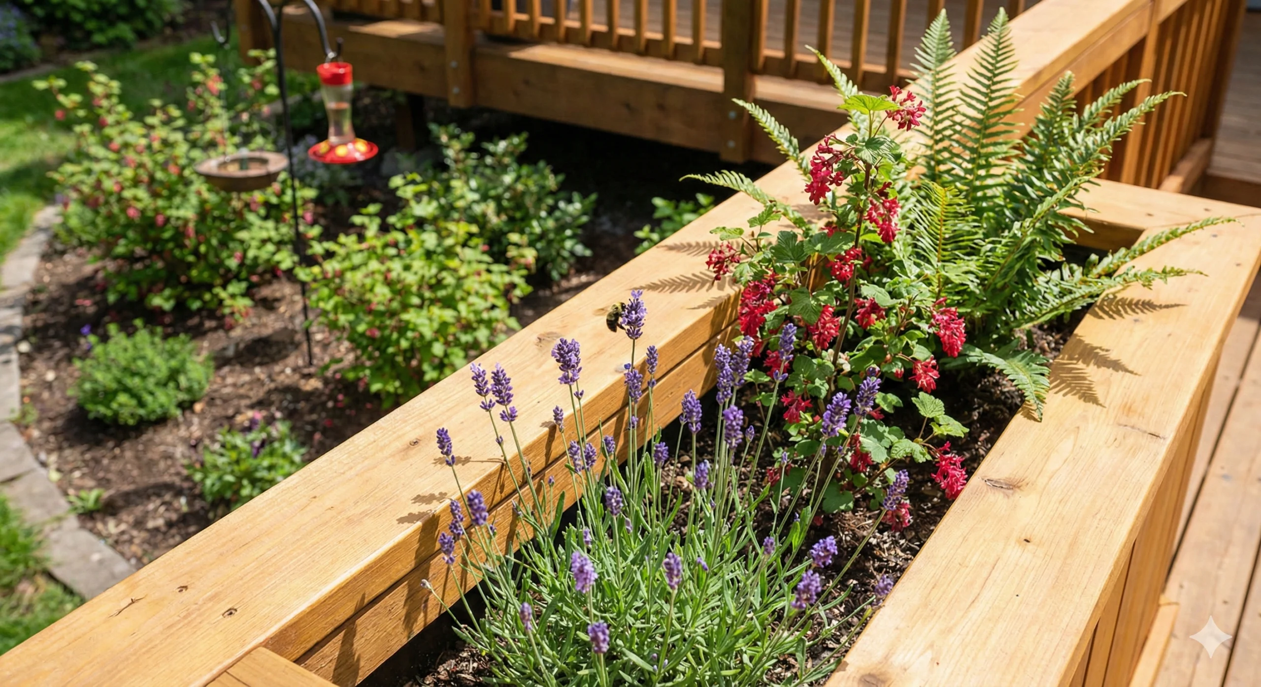 Bumblebee on lavender in a wooden planter showing how deck design help wildlife find food